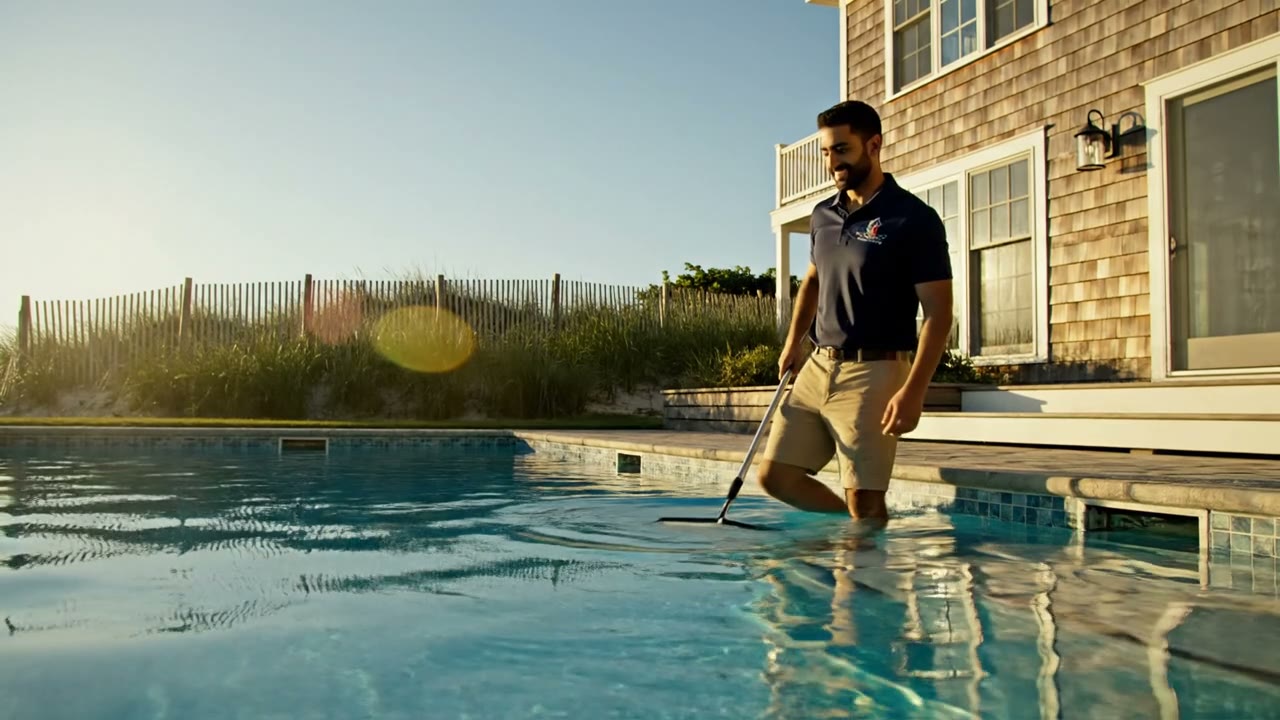 A clean backyard pool serviced by Blue Buoy Pool Care